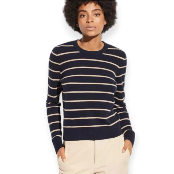 Vince Striped Blue & Tan Overlay Cashmere Crew XS Woman - Picture 1 of 10